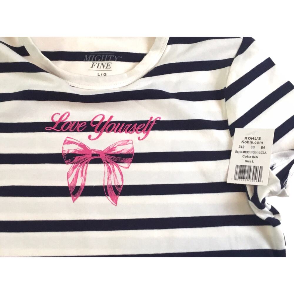 T-Shirt Love Yourself Top New Black White Stripe Pink Bow NWT